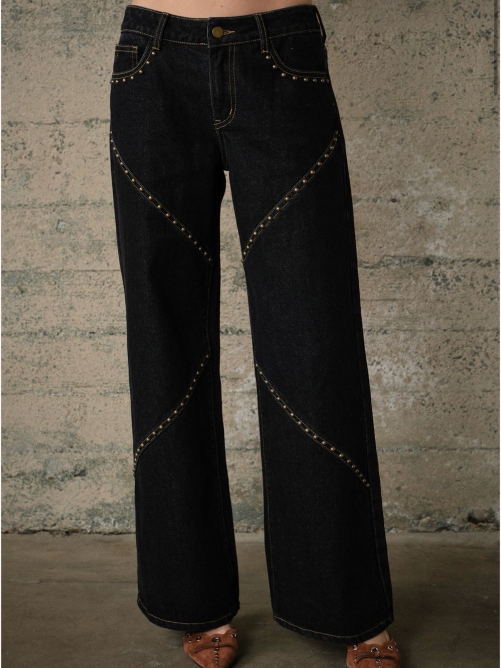 Western Wide Leg Black Jeans with Stud Detail - Women - Picture 5 of 9